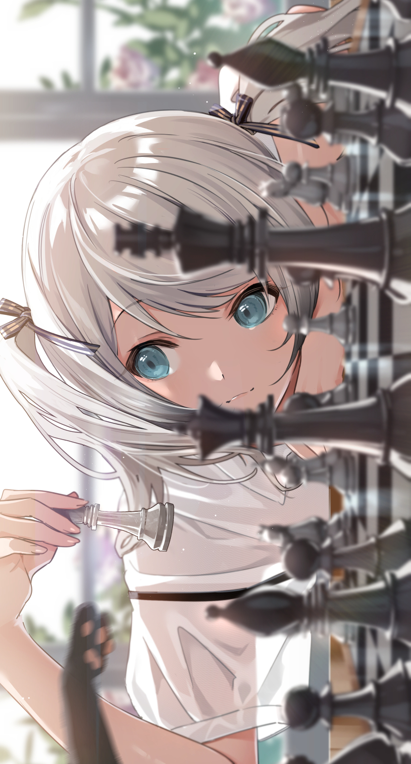 1girl bangs blue_eyes blurry board_game cat cat_paw chess chess_piece chessboard closed_mouth collared_shirt commentary_request depth_of_field eyelashes hair_ribbon highres holding long_hair looking_to_the_side original ribbon shiny shiny_hair shirt short_sleeves smile solo twintails white_hair white_shirt zattape