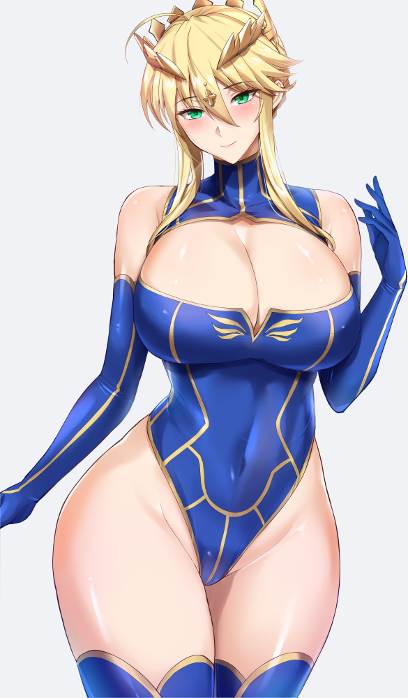 1girl artoria_pendragon_(all) artoria_pendragon_(lancer)_(fate) bare_shoulders blonde_hair blue_gloves blue_legwear blue_leotard braid breasts cleavage cleavage_cutout clothing_cutout commentary_request covered_navel crown curvy elbow_gloves fate/grand_order fate_(series) french_braid gloves green_eyes hair_between_eyes highleg highleg_leotard kumakichi_(cost-lost) large_breasts leotard long_hair looking_at_viewer sidelocks smile solo thighhighs thighs
