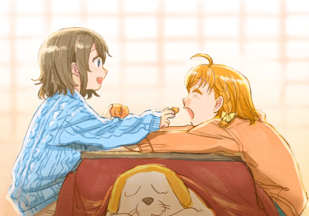 2girls ahoge braid brown_hair dog feeding food fruit fukutarou_(enji127) kotatsu love_live! love_live!_sunshine!! mandarin_orange medium_hair multiple_girls open_mouth orange_hair profile short_hair side_braid sitting sketch sweater table takami_chika watanabe_you yuri