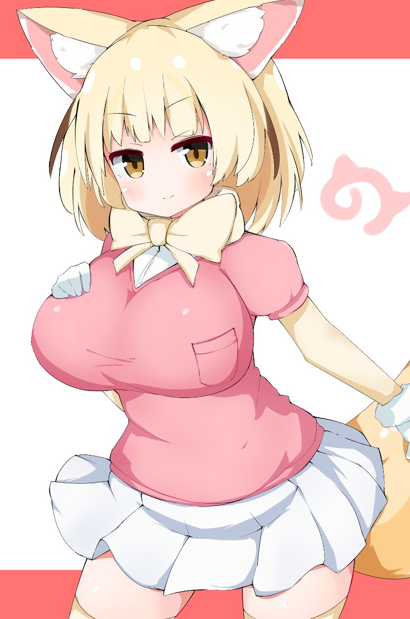 1girl animal_ear_fluff animal_ears berusa_(berutoo) blonde_hair blush bow bowtie breasts commentary_request contrapposto cowboy_shot fennec_(kemono_friends) fox_ears fox_tail fur_trim gloves hand_on_own_chest highres kemono_friends large_breasts pink_background pink_shirt pleated_skirt shirt short_hair simple_background skirt smile solo tail thighhighs white_background white_skirt yellow_eyes yellow_legwear yellow_neckwear