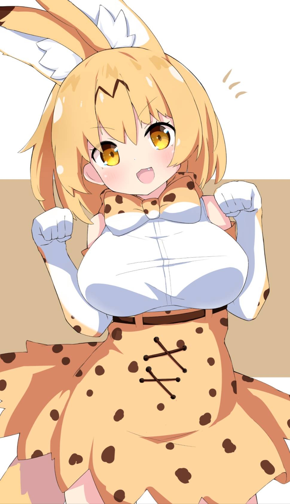 1girl :3 :d animal_ear_fluff berusa_(berutoo) blonde_hair bow bowtie breasts brown_background commentary_request contrapposto cowboy_shot elbow_gloves extra_ears fang gloves highres kemono_friends kemono_friends_3 large_breasts looking_at_viewer notice_lines open_mouth paw_pose serval_(kemono_friends) serval_print short_hair simple_background smile solo v-shaped_eyebrows yellow_eyes