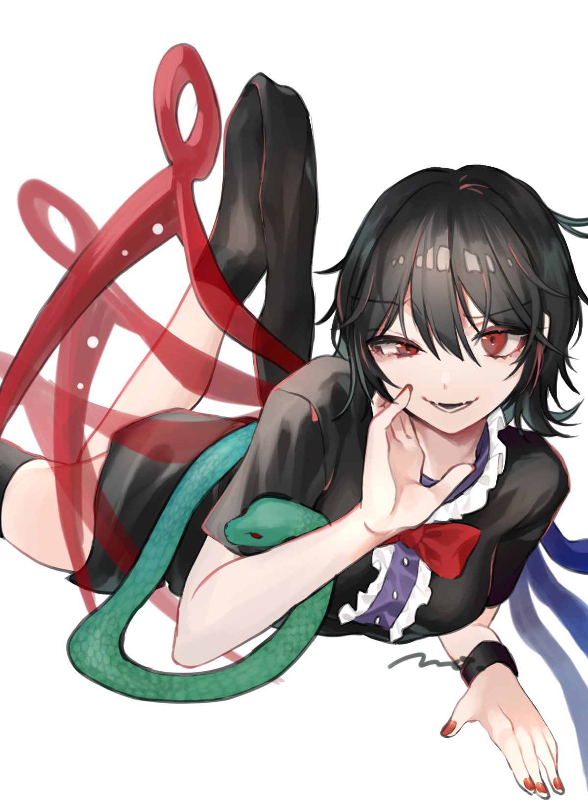 1girl :d asymmetrical_wings black_dress black_hair bow bowtie dress hand_on_own_cheek hand_on_own_face highres houjuu_nue looking_at_viewer lying makita_(vector1525) on_stomach open_mouth red_eyes short_hair simple_background smile snake solo touhou white_background wings