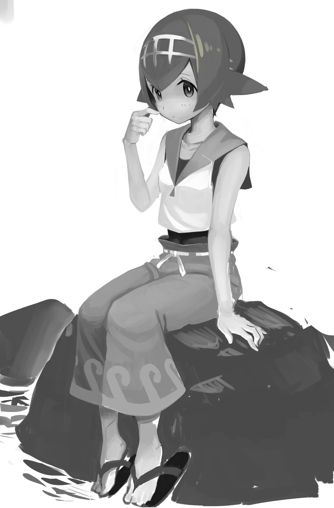 1girl arm_at_side arm_support baggy_pants bare_arms barefoot breasts closed_mouth collarbone crop_top full_body greatmosu greyscale hairband hand_on_own_cheek hand_on_own_face hand_up highres lana_(pokemon) looking_at_viewer monochrome outdoors pants pokemon pokemon_(game) pokemon_sm print_pants rock sailor_collar sandals school_uniform scratching_cheek serafuku shirt short_hair simple_background sitting sitting_on_rock sleeveless small_breasts solo swimsuit swimsuit_under_clothes trial_captain water white_background