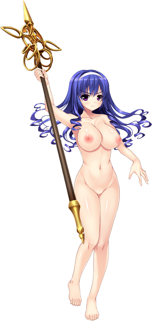 1girl arm_up barefoot blonde_hair blue_hair blush breasts collarbone completely_nude copyright_request eyebrows_visible_through_hair floating_hair full_body hairband highres holding holding_staff large_breasts legs long_hair navel nipples no_pussy nude photoshop_(medium) purple_eyes shintarou solo staff tachi-e transparent_background v-shaped_eyebrows