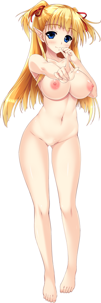 1girl bangs barefoot blonde_hair blue_eyes blush breasts copyright_request eyebrows_visible_through_hair full_body hair_ribbon huge_breasts index_finger_raised legs long_hair looking_at_viewer navel nipples no_pussy outstretched_arm photoshop_(medium) pointy_ears ribbon shintarou smile solo tachi-e transparent_background two_side_up