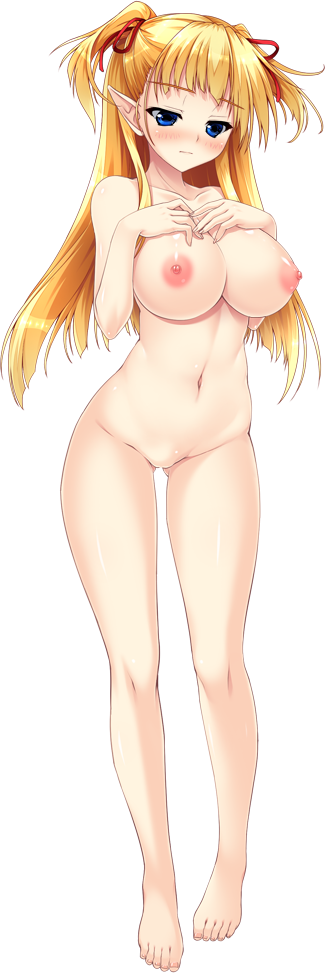 1girl bangs barefoot blonde_hair blue_eyes blush breast_suppress breasts collarbone copyright_request eyebrows_visible_through_hair full_body hair_ribbon huge_breasts legs long_hair navel nipples no_pussy photoshop_(medium) pointy_ears ribbon shintarou solo tachi-e transparent_background two_side_up