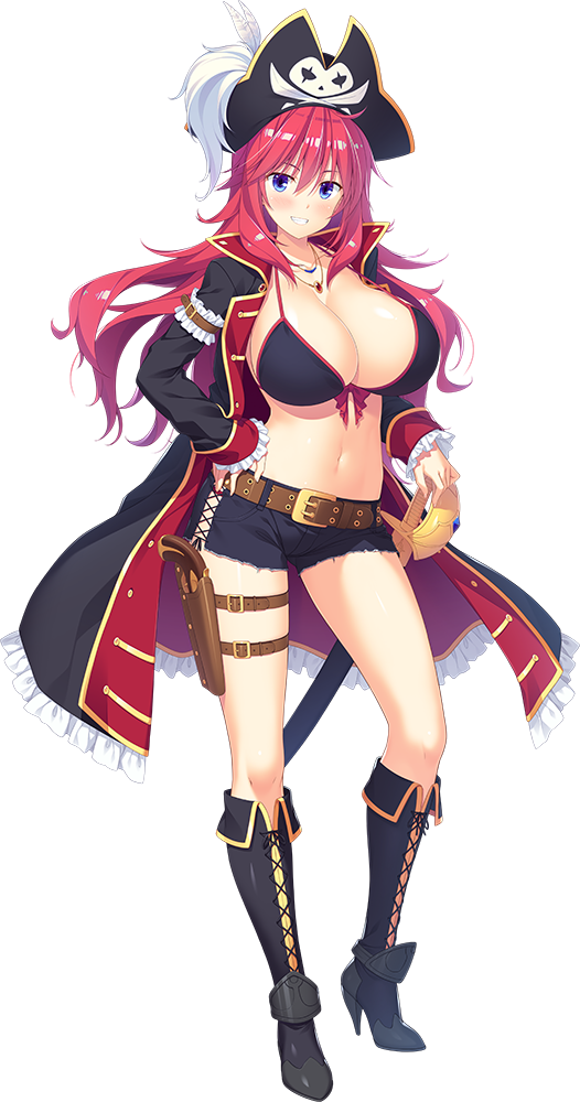 1girl andrea_kuki-murakami antique_firearm bangs bikini bikini_top blue_eyes boots breasts coat cross-laced_footwear firearm full_body grin gun hand_on_hip handgun hat hinata_nao holster holstered_weapon huge_breasts knee_boots long_hair navel official_art photoshop_(medium) pirate_costume pirate_hat red_hair sex_underworld_e_youkoso! sheath sheathed short_shorts shorts smile solo standing swimsuit sword tachi-e thigh_holster transparent_background weapon