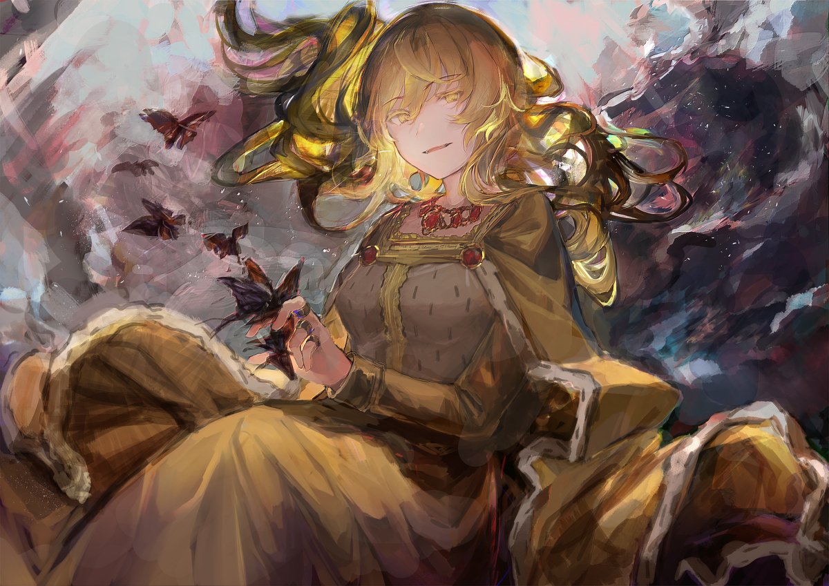 1girl bangs blonde_eyelashes blonde_hair breasts bug butterfly butterfly_on_finger cape colored_eyelashes dress eyebrows_visible_through_hair flowing_dress ike_seika insect isabeau_de_baviere jewelry jitome large_breasts light_particles light_smile long_hair long_sleeves magia_record:_mahou_shoujo_madoka_magica_gaiden mahou_shoujo_madoka_magica mahou_shoujo_tart_magica mature_female necklace open_mouth parted_lips queen ring robe royal_robe solo teeth yellow_eyes