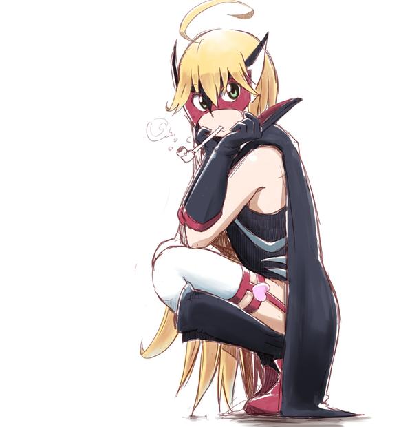 1girl ahoge blonde_hair boots bubble_blowing cape domino_mask doronjo elbow_gloves from_side full_body gloves green_eyes head_rest kaauchi knee_boots leopard_(yatterman) mask solo squatting thighhighs time_bokan_(series) yatterman yoru_no_yatterman