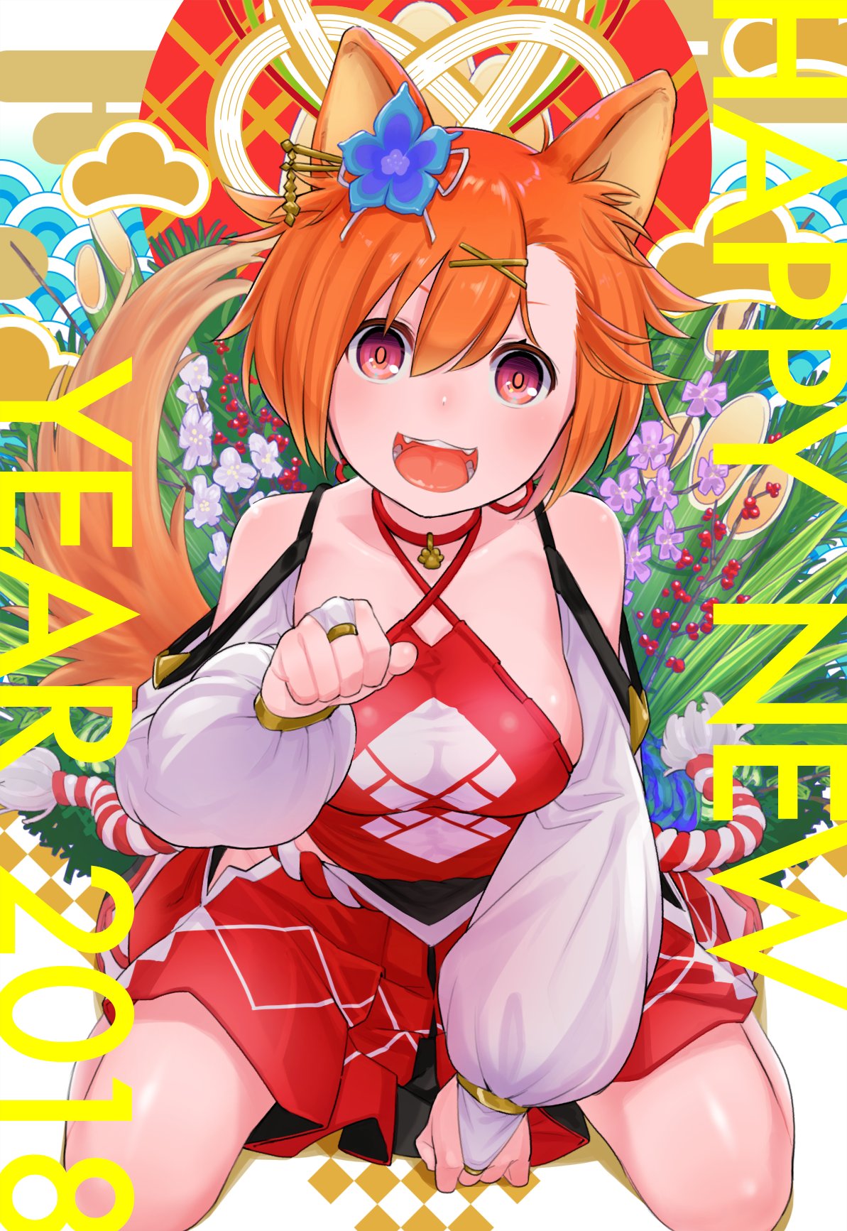 1girl 2018 animal_ears blue_flower blush breasts chinese_zodiac dog_ears dog_girl dog_tail dress flower hair_between_eyes hair_flower hair_ornament hairclip hand_up happy_new_year highres leaf medium_breasts new_year open_mouth orange_hair original plant purple_flower red_dress red_eyes rope short_hair smile solo tail white_flower year_of_the_dog yoshi_mi_yoshi