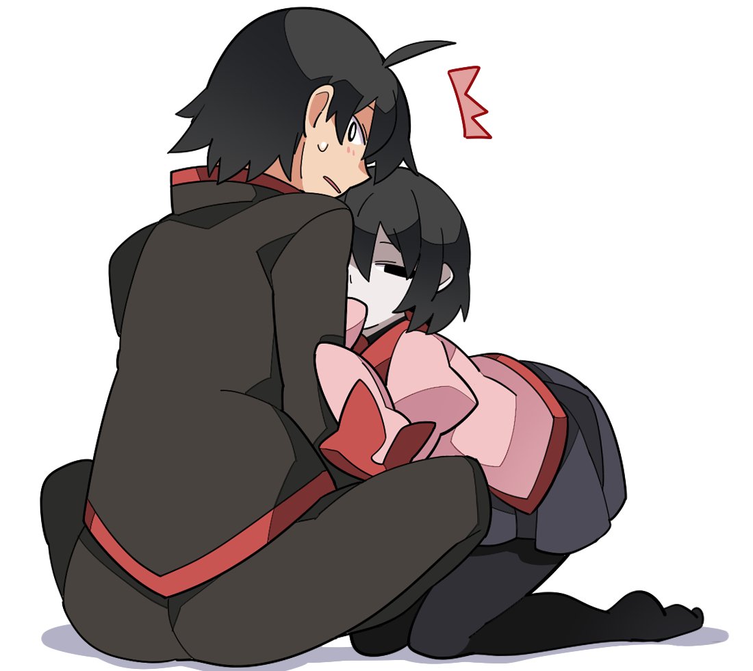 1boy 1girl ^^^ ahoge araragi_koyomi bangs black_hair black_legwear black_skirt blush bob_cut covering_mouth gakuran hair_between_eyes half-closed_eyes hammer_(sunset_beach) kneeling long_sleeves looking_at_viewer looking_back lying_on_lap monogatari_(series) naoetsu_high_school_uniform no_shoes oshino_ougi pale_skin pants pantyhose parted_lips pink_shirt pleated_skirt school_uniform shadow shirt short_hair simple_background skirt sleeves_past_fingers sleeves_past_wrists surprised sweatdrop white_background