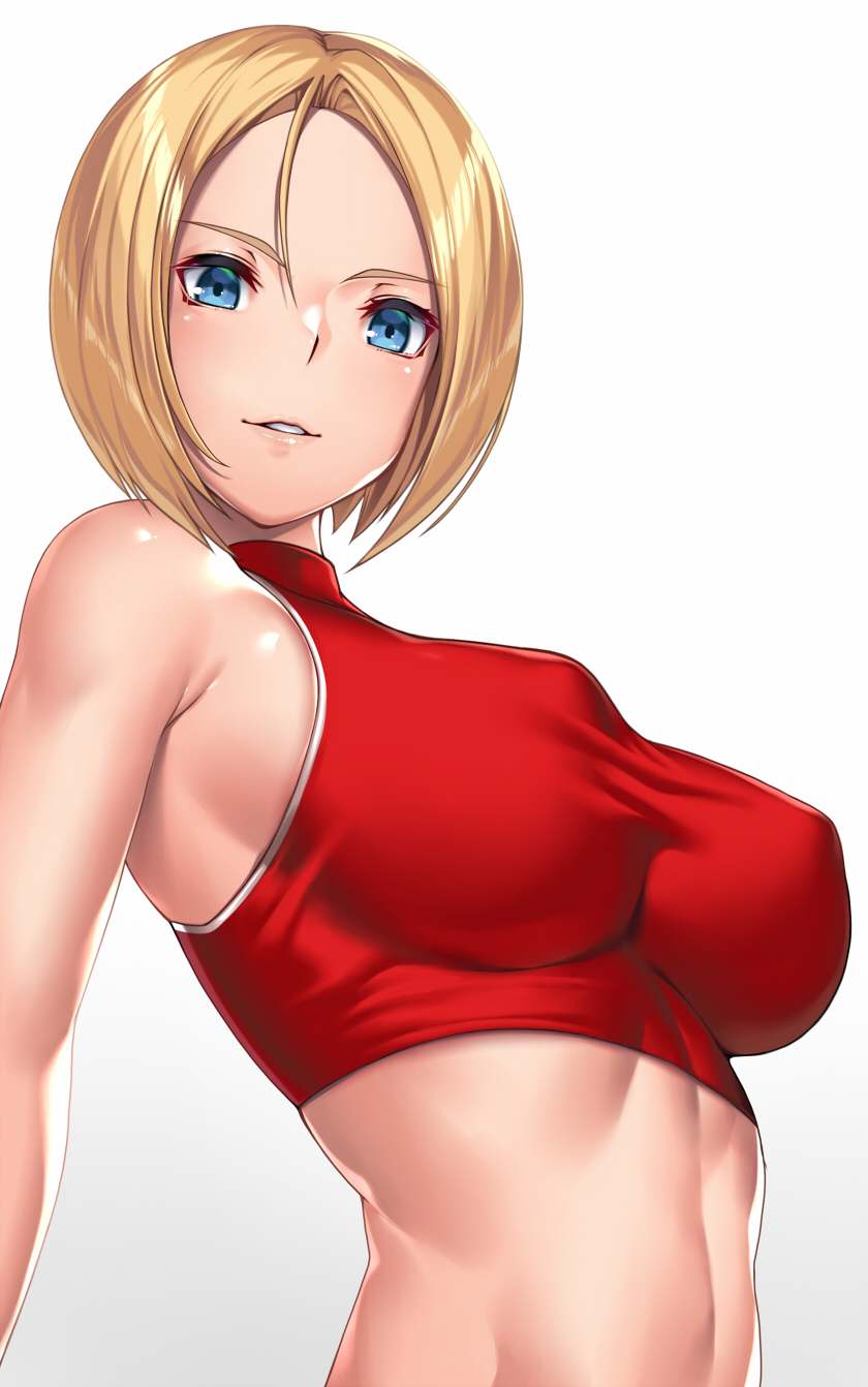 1girl bangs blonde_hair blue_eyes blue_mary breasts commentary fatal_fury gradient gradient_background grey_background highres large_breasts looking_at_viewer parted_bangs parted_lips short_hair simple_background smile solo takanashi-a the_king_of_fighters upper_body white_background