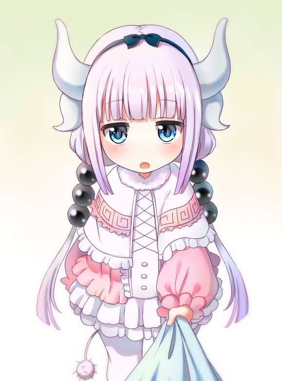 1girl bangs blue_eyes blush bow_hairband child commentary_request dragon_girl dragon_horns frills gradient gradient_background hairband horns kanna_kamui kobayashi-san_chi_no_maidragon looking_at_viewer open_mouth purple_hair simple_background solo tail thighhighs tug yatomi