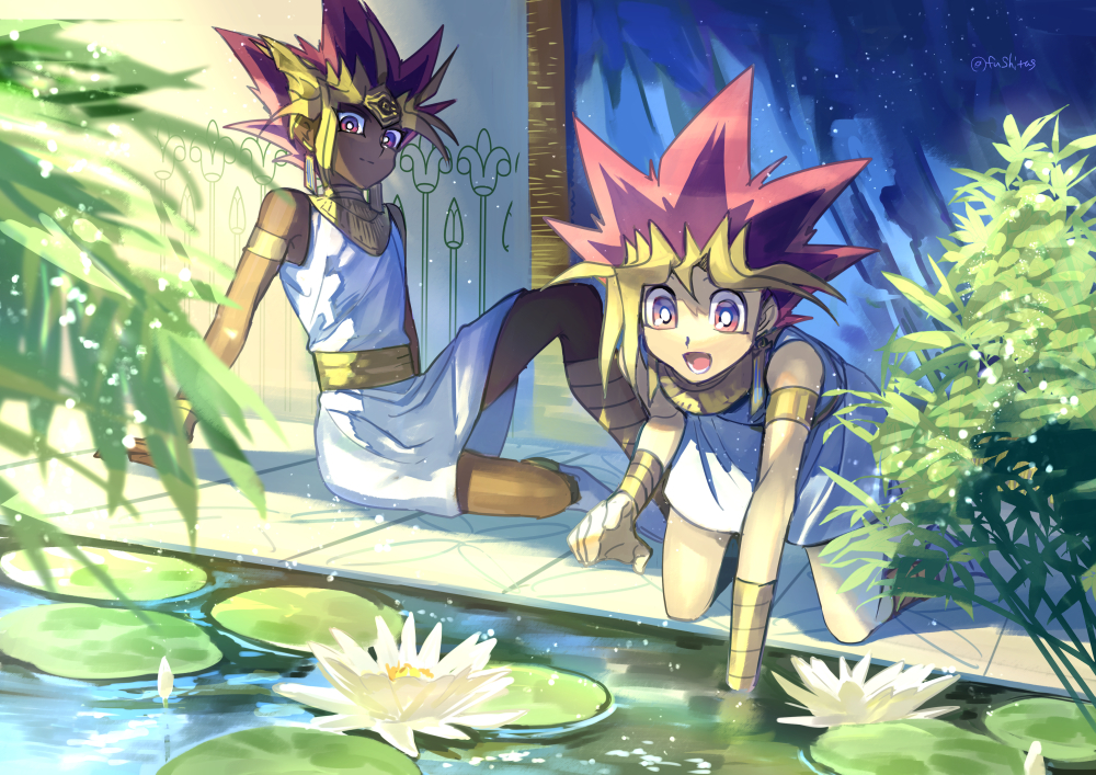 2boys :d all_fours arm_support armlet atem bangs bracelet bright_pupils closed_mouth commentary_request dark-skinned_male dark_skin day fushitasu hair_between_eyes jewelry lily_pad lower_teeth male_focus multiple_boys mutou_yuugi open_mouth outdoors purple_hair sitting smile spiked_hair tongue water white_pupils yu-gi-oh! yu-gi-oh!_duel_monsters