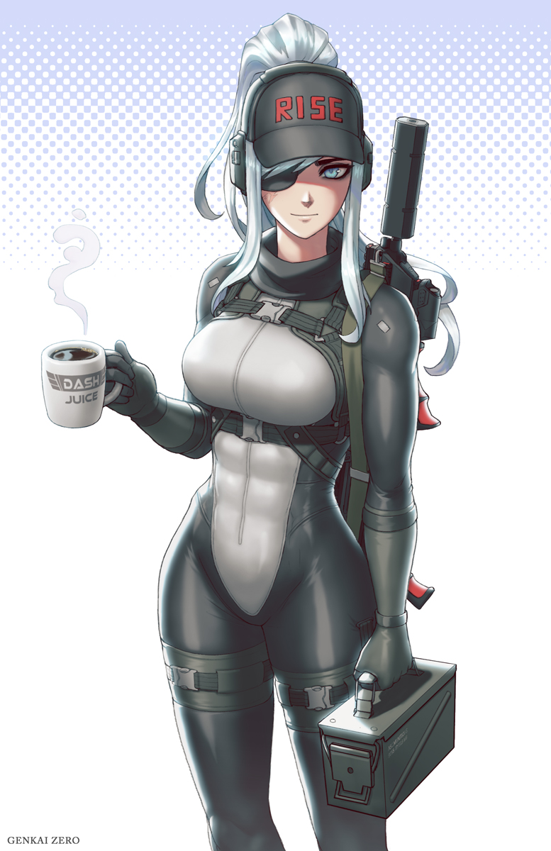 1girl ammunition_box artist_name assault_rifle banned_artist blue_eyes bodysuit box breasts coffee coffee_mug cup dark_arts_kai english_commentary eyepatch feet_out_of_frame gun hat headphones highres holding holding_box holding_cup long_hair medium_breasts mug original ponytail rifle simple_background solo thigh_strap valestina_(dark_arts_kai) watermark weapon weapon_on_back white_background white_hair