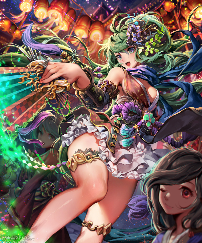 4girls :d aqua_eyes bare_shoulders breasts caesty character_request commentary_request dress flower frills green_hair hair_flower hair_ornament holding lantern long_hair looking_at_viewer medium_breasts multiple_girls official_art one_eye_closed open_mouth paper_lantern red_eyes scarf sengoku_saga sideboob smile thighhighs wide_sleeves