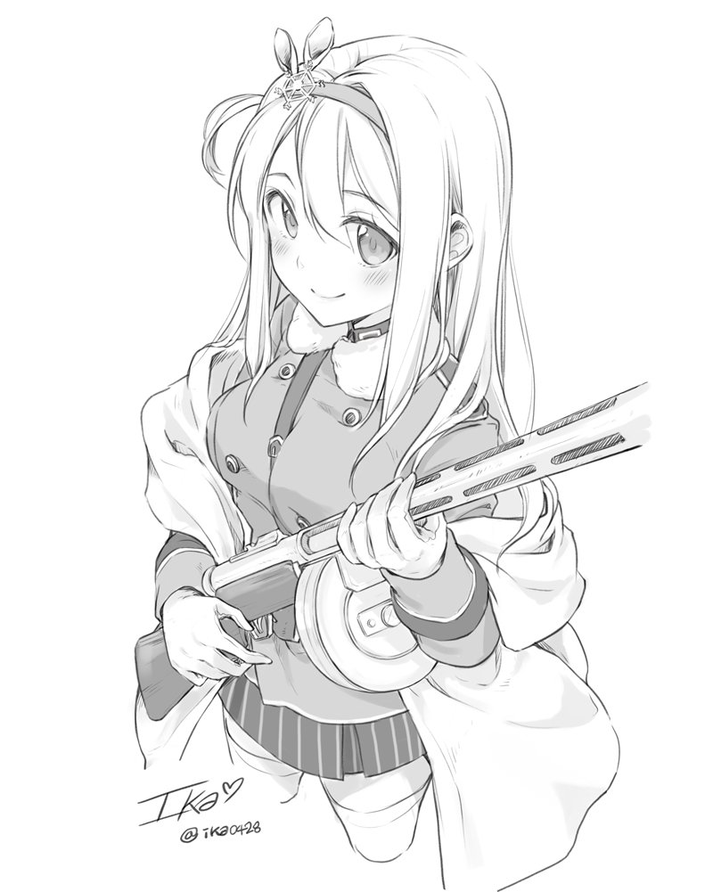 1girl bangs blush breasts commentary_request cowboy_shot fur_collar girls_frontline gloves greyscale gun hair_between_eyes hair_ornament hairband holding holding_gun holding_weapon ika_(4801055) long_hair medium_breasts monochrome off_shoulder sidelocks signature smile snowflake_hair_ornament solo submachine_gun suomi_kp/-31 suomi_kp31_(girls_frontline) thighhighs twitter_username weapon