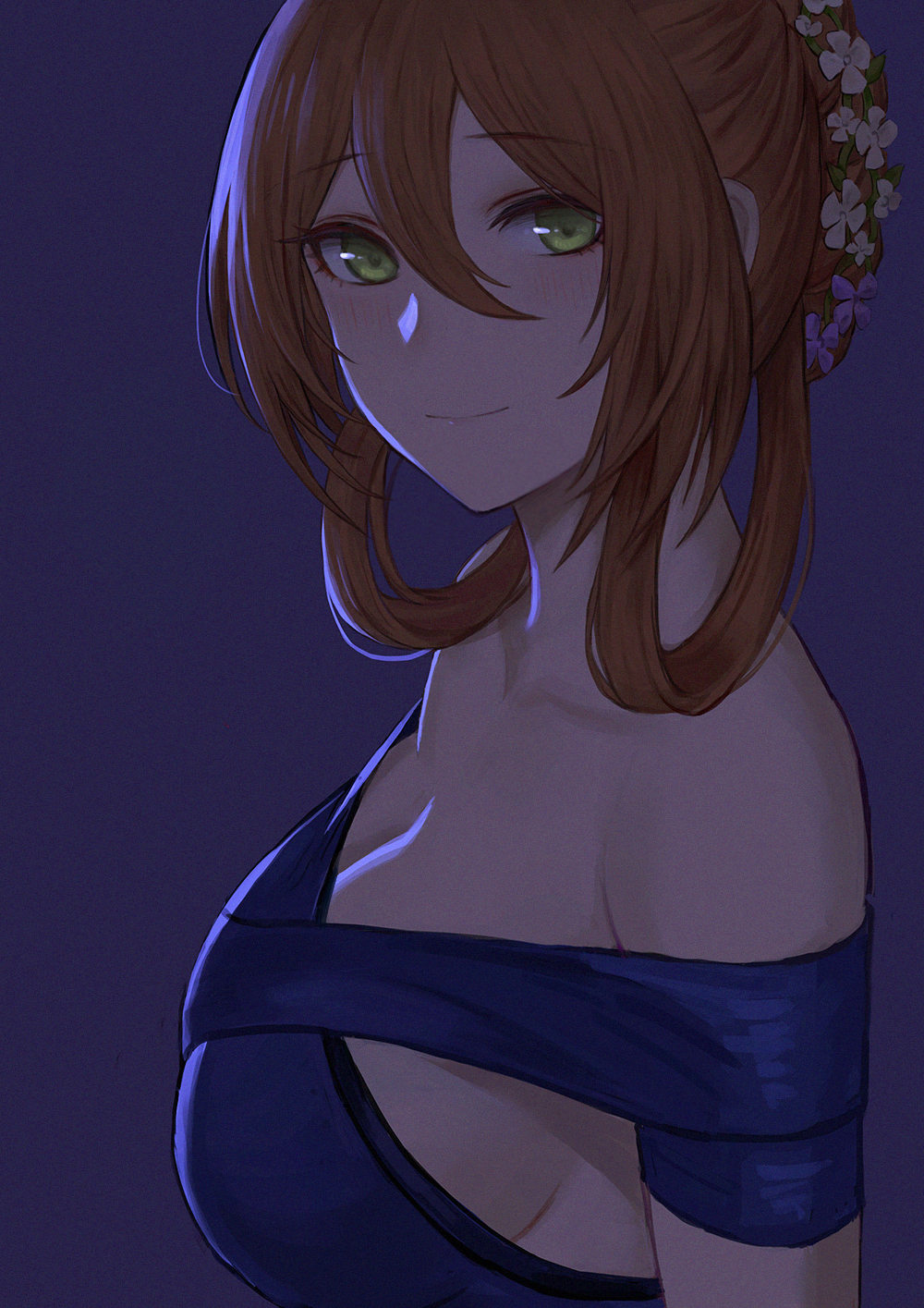 1girl bangs blue_dress blush breasts cleavage commentary_request dress evening_gown eyebrows_visible_through_hair flower girls_frontline green_eyes hair_between_eyes hair_bun hair_flower hair_ornament hair_rings highres large_breasts looking_at_viewer m1903_springfield_(girls_frontline) mixed-language_commentary orange_hair purple_background selcky simple_background smile solo upper_body