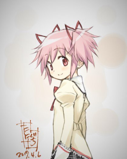 1girl arms_at_sides back_bow beige_background beige_bow black_skirt bow dot_nose eyebrows_visible_through_hair flat_chest hair_ribbon happy high_collar juliet_sleeves kaname_madoka long_sleeves looking_at_viewer looking_back mahou_shoujo_madoka_magica mitakihara_school_uniform neck_ribbon pink_eyes pink_hair plaid plaid_skirt puffy_sleeves red_ribbon ribbon school_uniform short_twintails simple_background skirt smile solo taniguchi_jun'ichirou tareme twintails upper_body