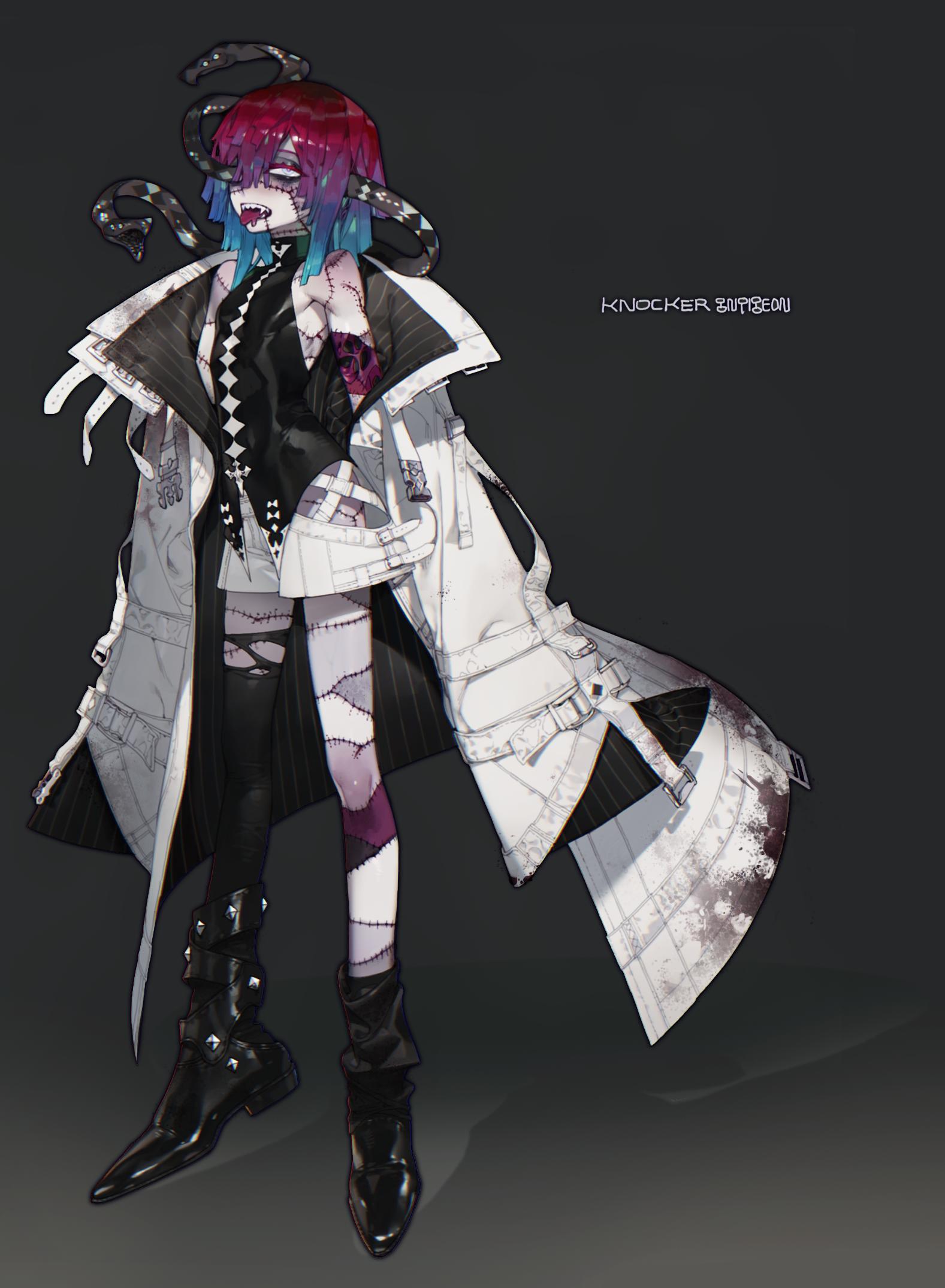 1other androgynous ankle_boots black_footwear blue_hair boots breasts coat fangs full_body gradient_hair grey_background highres knocker_(pigeon666) looking_at_viewer multicolored_hair open_clothes open_coat open_mouth original patchwork_skin pigeon666 red_hair simple_background single_thighhigh small_breasts snake solo standing stitched_arm stitched_face thighhighs tongue tongue_out torn_clothes torn_legwear two-tone_hair white_coat white_eyes zombie
