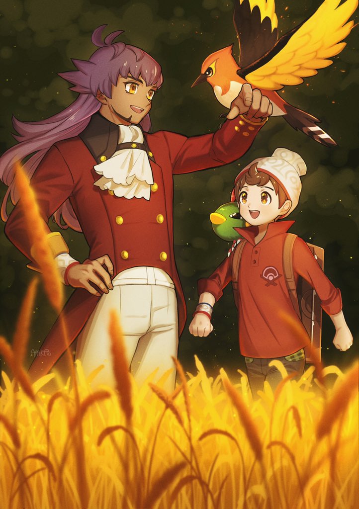 2boys :d amakara000 beanie brown_eyes brown_hair buttons cable_knit cravat dark-skinned_male dark_skin facial_hair fletchinder gen_2_pokemon gen_6_pokemon hand_on_hip hat leon_(pokemon) long_hair male_focus multiple_boys natu on_shoulder open_mouth outdoors pants plaid pokemon pokemon_(creature) pokemon_(game) pokemon_on_arm pokemon_on_shoulder pokemon_swsh purple_hair red_shirt shirt sleeves_rolled_up smile suitcase symbol_commentary tailcoat tongue upper_teeth victor_(pokemon) white_neckwear yellow_eyes