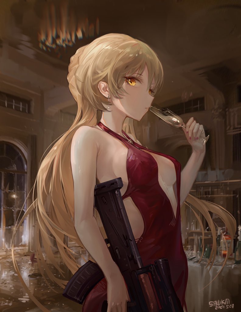 1girl 2021 artist_name blonde_hair braid breasts breasts_apart broken_glass bullpup champagne_bottle champagne_flute cup dated dress drinking drinking_glass english_commentary french_braid from_side girls_frontline glass gun long_hair looking_at_viewer medium_breasts nail_polish necktie ots-14 ots-14_(girls_frontline) red_dress red_nails rifle sawkm scope side_slit sideboob solo weapon yellow_eyes
