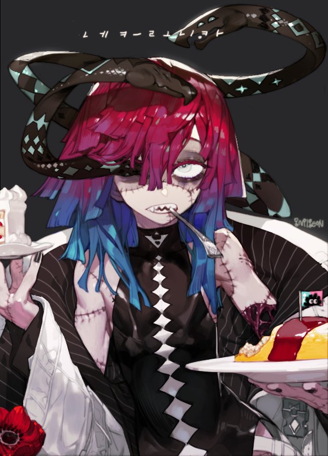 1other androgynous black_nails blood cake cake_slice fingernails food grey_background guro hair_between_eyes holding knocker_(pigeon666) long_sleeves looking_at_viewer mouth_hold nail_polish omurice original patchwork_skin pigeon666 sharp_teeth signature simple_background snake solo strawberry_shortcake teeth upper_body utensil_in_mouth white_eyes