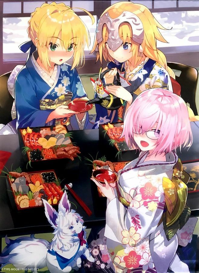 3girls ahoge artoria_pendragon_(all) bangs blonde_hair blue_eyes braid braided_ponytail cup fate/apocrypha fate/grand_order fate/stay_night fate_(series) glasses hair_between_eyes headpiece japanese_clothes jeanne_d'arc_(fate) jeanne_d'arc_(fate)_(all) kimono long_hair looking_at_viewer mash_kyrielight multiple_girls new_year official_art open_mouth pot pouring purple_eyes purple_hair ribbon saber shirabi short_hair sitting smile