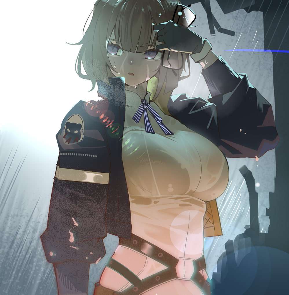 1girl bangs black-framed_eyewear blunt_bangs breasts brown_hair commission eyewear_removed girls_frontline glasses grizzly_mkv_(girls_frontline) holding holding_eyewear large_breasts purple_eyes rain see-through short_hair skeb_commission solo warashi wet wet_clothes wet_hair