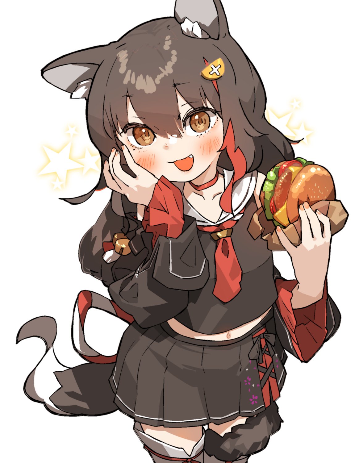 1girl :3 amonitto animal_ear_fluff animal_ears bangs bell black_hair black_shirt black_skirt black_sleeves blush burger choker cropped_shirt detached_sleeves eyebrows_visible_through_hair fang floral_print food hair_between_eyes hair_ornament hairclip highlights highres hololive jingle_bell kouhaku_nawa long_hair looking_at_viewer low-tied_long_hair miniskirt multicolored_hair navel neckerchief necktie ookami_mio open_mouth pleated_skirt red_choker red_hair red_neckwear sailor_collar sailor_shirt shirt side_slit sidelocks simple_background skirt sleeveless solo star_(symbol) tail tail_around_leg tail_wrap very_long_hair virtual_youtuber white_background white_legwear wolf_ears wolf_girl wolf_tail yellow_eyes