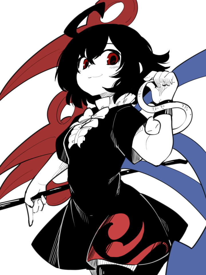1girl ahoge asymmetrical_wings bangs berusuke_(beru_no_su) black_dress black_hair black_legwear black_wristband blue_wings bow bowtie breasts center_frills commentary_request cowboy_shot dress frills holding holding_polearm holding_weapon houjuu_nue limited_palette looking_at_viewer polearm red_eyes red_wings short_hair short_sleeves small_breasts smile snake solo thighhighs tomoe_(symbol) touhou weapon white_background wings
