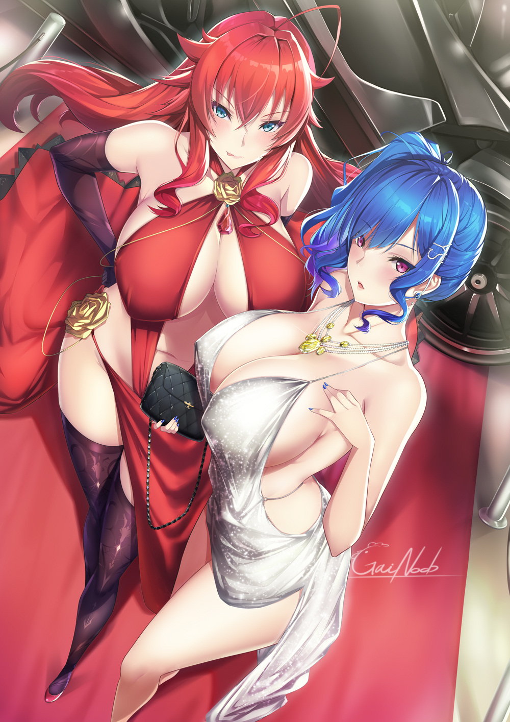 2girls alternate_costume azur_lane backless_dress backless_outfit bag bangs bare_shoulders blue_eyes blue_hair blue_nails breasts car center_opening cleavage covered_nipples criss-cross_halter crossed_bangs crossover dress earrings elbow_gloves evening_gown foreshortening from_above gainoob gloves ground_vehicle hair_between_eyes hair_ornament hairclip halter_dress halterneck handbag high_school_dxd highres hikasa_youko huge_breasts jewelry long_hair looking_at_viewer looking_up motor_vehicle multiple_girls nail_polish no_bra official_alternate_costume pink_eyes plunging_neckline purple_gloves red_carpet red_dress red_hair revealing_clothes rias_gremory ruby_(gemstone) seiyuu_connection side_ponytail sideboob sidelocks signature silver_dress sleeveless sleeveless_dress st._louis_(azur_lane) st._louis_(luxurious_wheels)_(azur_lane) thighs