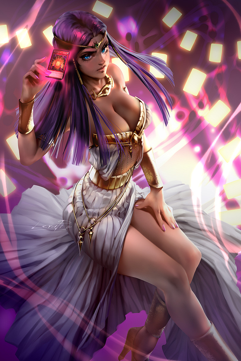 1girl armlet bangs blast_held_by_a_tribute blue_eyes bra bracer breasts card circlet cleavage dark-skinned_female dark_skin egyptian forehead_jewel gold_bikini hair_tubes hand_on_own_thigh high_heels ishizu_ishtar legs_together lera_pi long_hair long_skirt medium_breasts millennium_necklace nail_polish navel parted_bangs playing_card purple_hair revealing_clothes showgirl_skirt skirt solo telekinesis underwear yu-gi-oh! yu-gi-oh!_duel_monsters