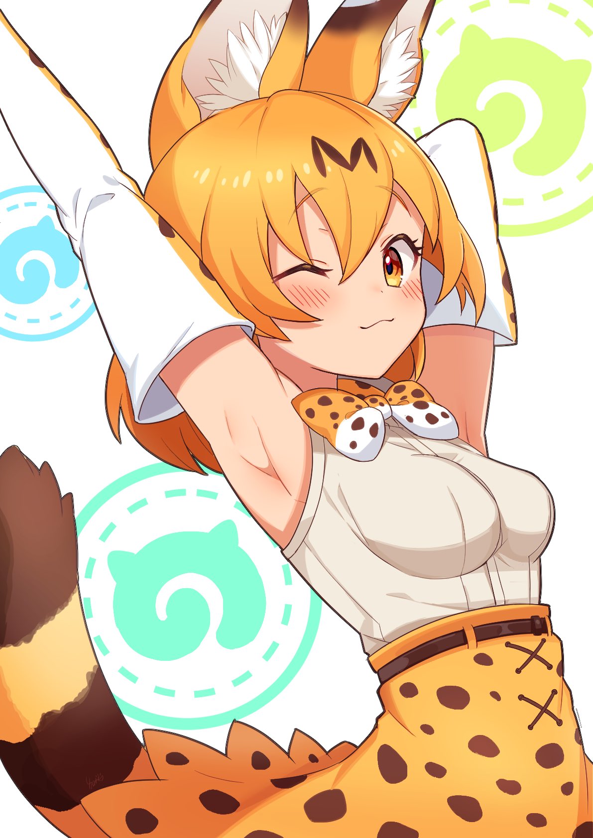 1girl :3 animal_ears armpits bare_shoulders blonde_hair blush bow bowtie commentary cowboy_shot elbow_gloves eyebrows_visible_through_hair gloves high-waist_skirt highres kamuraaa_615 kemono_friends looking_at_viewer multicolored_hair one_eye_closed print_gloves print_neckwear print_skirt serval_(kemono_friends) serval_ears serval_girl serval_print serval_tail shirt short_hair skirt sleeveless solo stretch tail white_shirt yellow_eyes