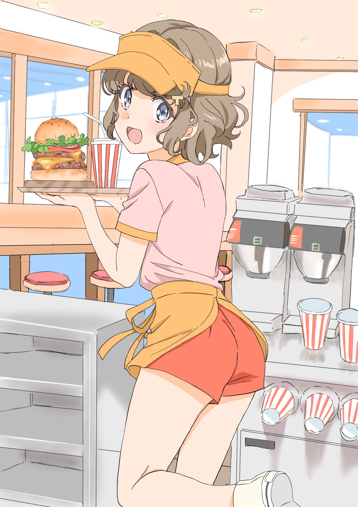 1girl :d apron bar_stool blue_eyes brown_hair burger cheese commentary_request cup disposable_cup drinking_straw employee_uniform food hair_ornament highres holding holding_tray koga_tomoe leg_up letter_hair_ornament lettuce looking_at_viewer looking_back open_mouth pink_shirt red_shorts restaurant seishun_buta_yarou shirt short_hair short_shorts short_sleeves shorts smile solo standing stool tamura_satomi tray uniform visor_cap waist_apron