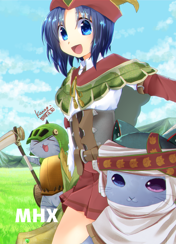 &gt;_&lt; 1girl :3 bangs blue_eyes blue_hair blue_sky blush character_request closed_mouth cloud commentary_request cowboy_shot dated day eyebrows_visible_through_hair felyne furry grass hair_between_eyes hat_feather heterochromia kanagi_tsumugi looking_at_viewer monster_hunter_(series) monster_hunter_x open_mouth outdoors red_headwear red_skirt shirt short_hair skirt sky smile white_shirt