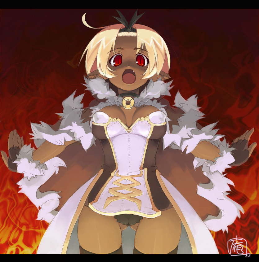 1girl amasa_mitsunaru ass_visible_through_thighs bangs black_panties blonde_hair breasts brown_cape brown_dress brown_gloves brown_legwear cape commentary_request cowboy_shot dark-skinned_female dark_skin dress eyebrows_visible_through_hair fang fingerless_gloves fire fur-trimmed_cape fur-trimmed_gloves fur_trim gloves hair_pulled_back high_wizard_(ragnarok_online) letterboxed looking_at_viewer medium_breasts open_mouth panties pointy_ears ragnarok_online red_eyes short_dress short_hair solo strapless strapless_dress thighhighs two-tone_dress underwear white_dress