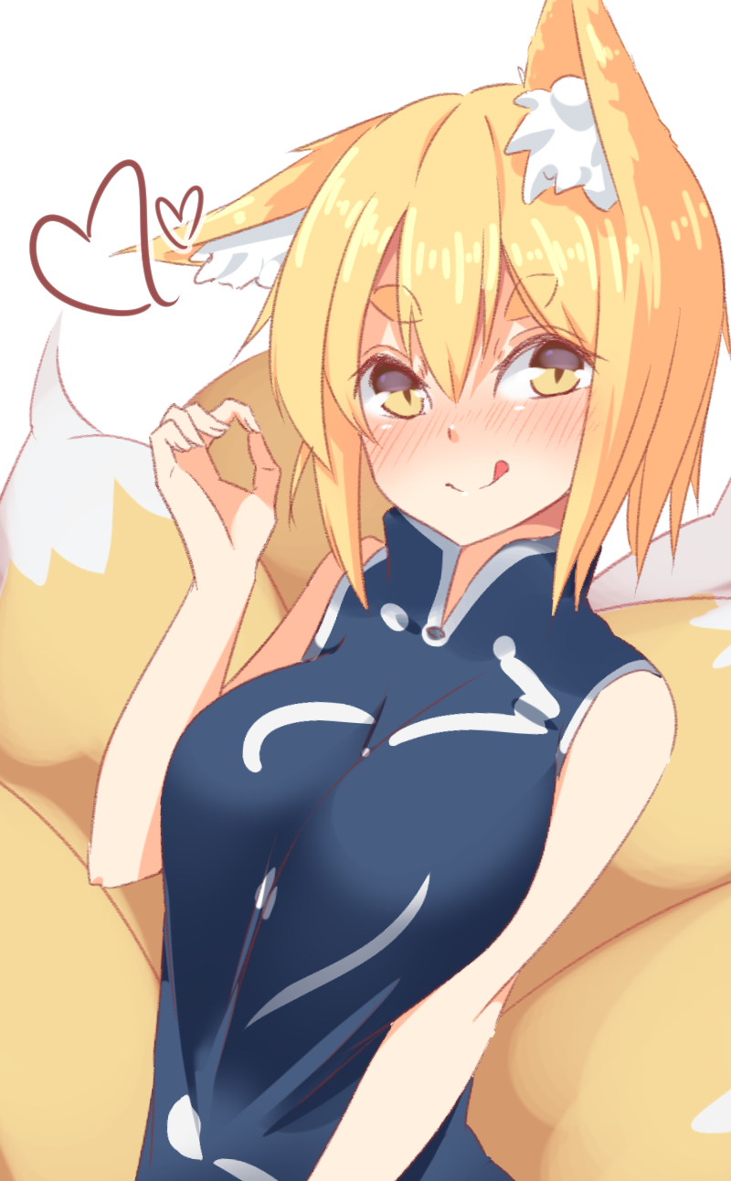 1girl :q animal_ear_fluff animal_ears bangs bare_arms bare_shoulders blonde_hair blue_dress blush breasts brown_eyes closed_mouth dress eyebrows_visible_through_hair fox_ears fox_girl fox_tail hair_between_eyes hand_up heart highres kitsune medium_breasts no_hat no_headwear nose_blush short_eyebrows simple_background sleeveless sleeveless_dress smile solo tail thick_eyebrows tongue tongue_out touhou white_background yakumo_ran yusake_san