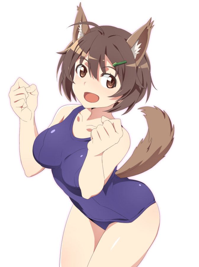 1girl animal_ears blue_swimsuit brave_witches breasts brown_eyes brown_hair closed_eyes commentary_request cowboy_shot dog_ears dog_tail karibuchi_hikari looking_at_viewer medium_breasts nanashino open_mouth school_swimsuit short_hair simple_background smile solo swimsuit tail white_background world_witches_series