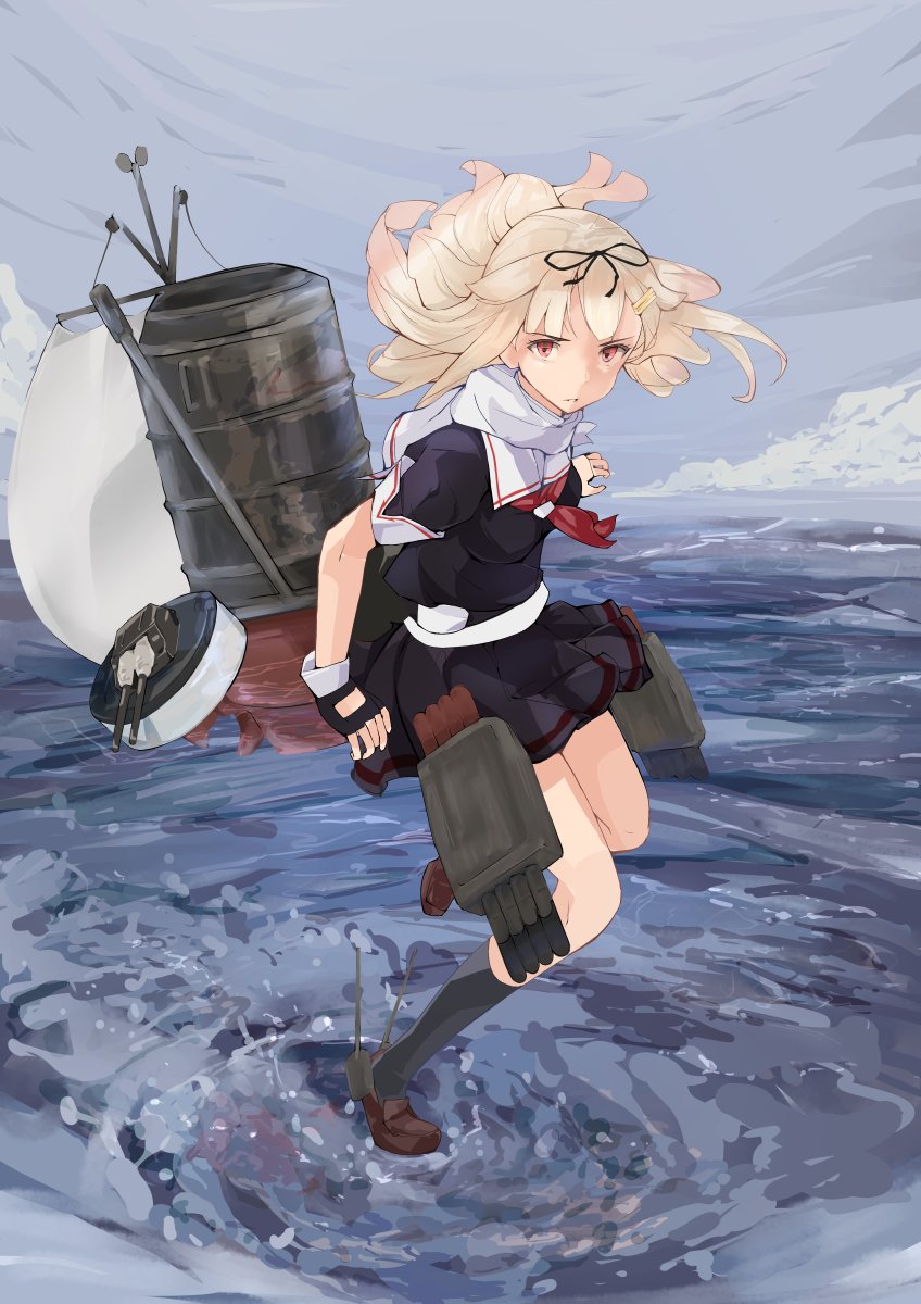 1girl black_legwear black_ribbon black_serafuku black_skirt blonde_hair brown_footwear eyebrows_visible_through_hair fingerless_gloves gloves hair_flaps hair_ornament hair_ribbon hairclip highres kantai_collection kneehighs loafers long_hair looking_at_viewer machinery ocean pleated_skirt red_eyes red_neckwear remodel_(kantai_collection) ribbon rigging scarf school_uniform serafuku shoes skirt solo torpedo_launcher torpedo_tubes turret white_scarf yamaioni_(sasakama) yuudachi_(kancolle)