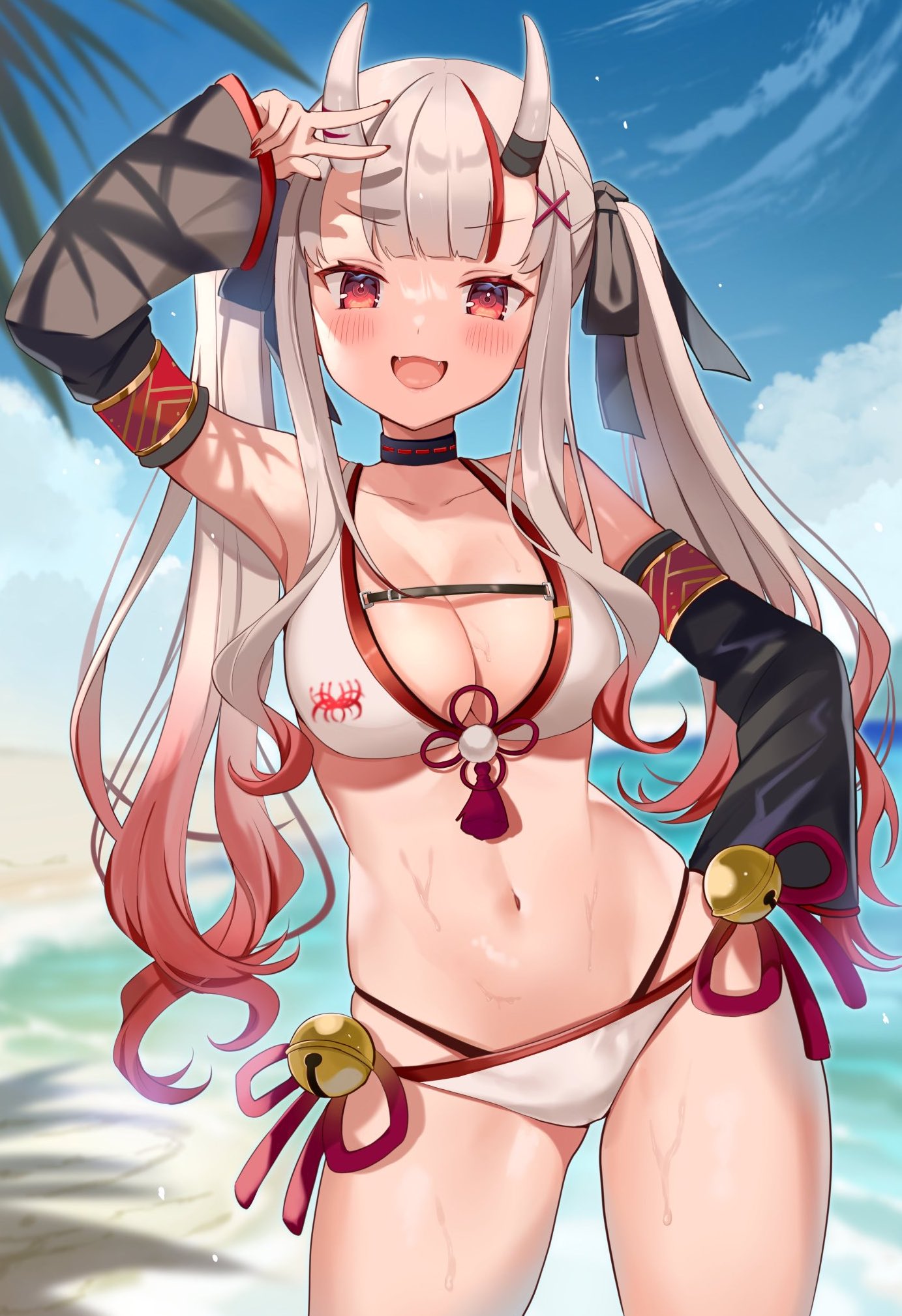 1girl :d arm_up armpits bare_shoulders beach bikini black_choker breasts choker cleavage contrapposto cowboy_shot day detached_sleeves front-tie_bikini front-tie_top hair_ornament hair_ribbon halterneck hand_on_hip highres hololive horns large_breasts long_sleeves multi-strapped_bikini multicolored_hair nakiri_ayame navel oni_horns open_mouth outdoors red_eyes ribbon satoupote side-tie_bikini sidelocks skindentation smile solo standing stomach streaked_hair swimsuit thighs v-shaped_eyebrows virtual_youtuber wet white_bikini x_hair_ornament