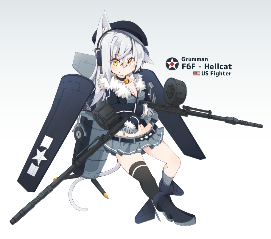 1girl animal_ears breasts cat_ears cat_girl cat_tail character_name choker drum_magazine dual_wielding f6f_hellcat f6f_hellcat_(personification) full_body gun headgear holding jacket machine_gun magazine_(weapon) mecha_musume mechanical_wings midriff miniskirt mismatched_legwear navel original personification propeller simple_background skirt small_breasts solo tail united_states_navy weapon white_hair wings yellow_eyes yukikasa