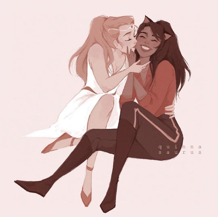 2girls adora_(she-ra) alternate_skin_color animal_ears arm_around_neck bangs blonde_hair blouse brown_hair cat_ears catra cheek_kiss closed_eyes dark-skinned_female dark_skin dress gold_belt gold_trim gown grin hand_on_another's_chin hand_on_another's_face kiss long_hair married multiple_girls pink_background ponytail quinnasaurus she-ra she-ra_and_the_princesses_of_power shirt shoes smile white_dress yuri
