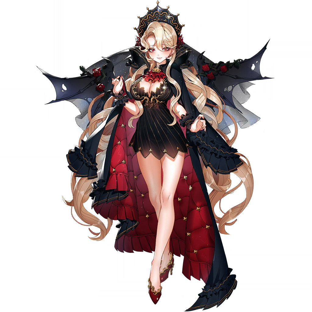1girl ascot bangs bare_legs bat_wings black_cape black_dress blonde_hair breasts cape cleavage clover_theater crown dress eyebrows_visible_through_hair full_body hair_between_eyes large_breasts long_hair looking_at_viewer minodora_(clover_theater) official_art red_eyes red_footwear red_neckwear sai_ichirou shoes solo standing transparent_background very_long_hair wings wrist_cuffs