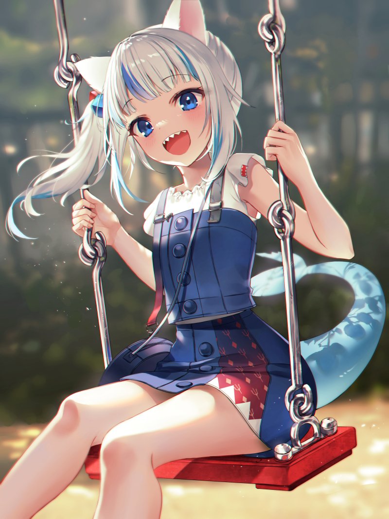 1girl :d animal_ears blue_eyes blue_hair blue_skirt blush cat_ears commentary feet_out_of_frame fish_tail gawr_gura hands_up hololive hololive_english kemonomimi_mode kh_(kh_1128) looking_at_viewer multicolored_hair official_alternate_costume open_mouth shark_tail sharp_teeth shirt side_ponytail sitting skirt smile solo streaked_hair swing tail teeth virtual_youtuber white_hair white_shirt