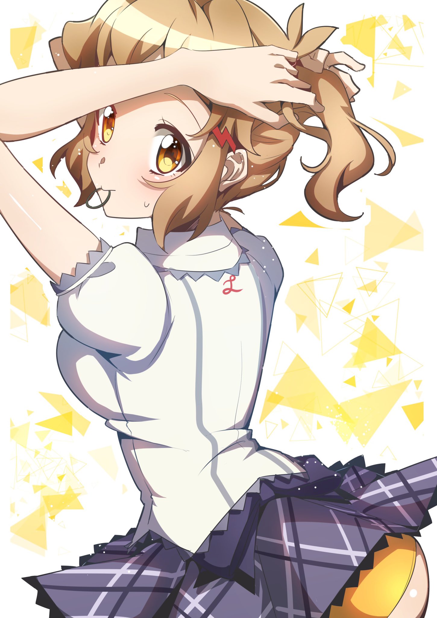 1girl ass blonde_hair blush breasts hair_ornament hairclip highres large_breasts looking_back microskirt panties school_uniform senki_zesshou_symphogear shiny shiny_hair shiny_skin shirt short_hair simple_background skirt solo tachibana_hibiki_(symphogear) underwear white_shirt yellow_eyes yellow_panties yukitsuba_hina