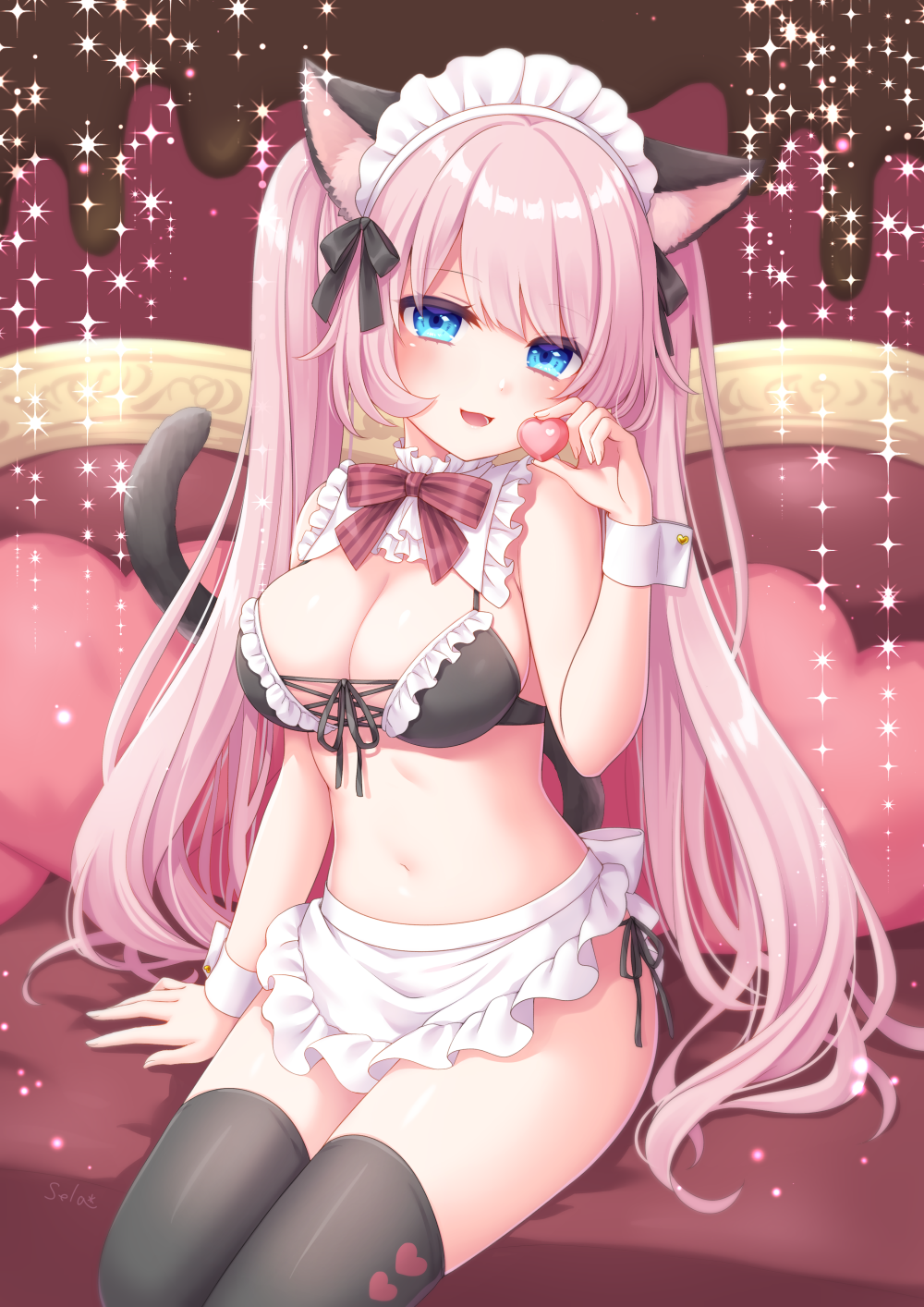 1girl animal_ears apron artist_name bangs bikini black_bikini black_legwear black_ribbon blue_eyes blush bow bowtie breasts cat_ears cat_girl cat_tail collar commentary_request detached_collar eyebrows_visible_through_hair frilled_bikini frilled_collar frills heart highres holding large_breasts long_hair looking_at_viewer maid maid_bikini maid_headdress navel open_mouth original pink_hair red_bow ribbon side-tie_bikini signature sitting smile solo sparkle_background stardrop striped striped_neckwear swimsuit tail thighhighs twintails very_long_hair waist_apron wrist_cuffs