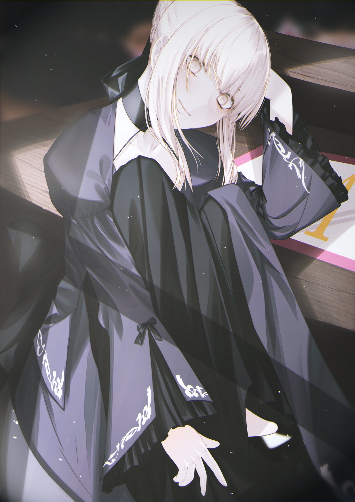 1girl artoria_pendragon_(fate) black_dress black_ribbon blonde_hair braid choker collarbone commentary dated_commentary dress fate/stay_night fate_(series) fov_ps french_braid frilled_skirt frills hair_ribbon head_on_hand highres light_smile looking_at_viewer pale_skin ribbon ribbon_choker saber_alter sidelocks skirt smile solo table wide_sleeves yellow_eyes