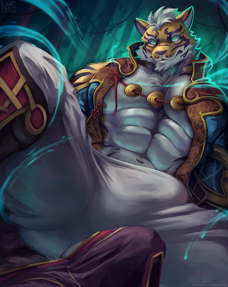 2boys abs animal_ears bara beige_fur blue_eyes bulge erection erection_under_clothes furry gyee imminent_sex large_pectorals lin_hu_(nekojishi) looking_at_viewer male_cleavage male_focus multiple_boys muscular muscular_male navel nekojishi nurinaki orange_fur pectorals reward_available short_hair solo_focus stomach thick_thighs thighs tiger_boy tiger_ears yaoi