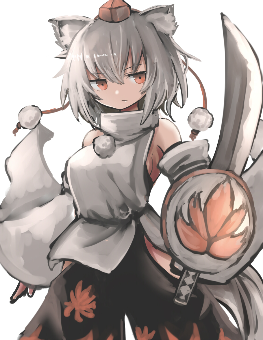 1girl animal_ears aoiyamagi4 bare_shoulders breasts detached_sleeves hat inubashiri_momiji leaf_print maple_leaf_print pom_pom_(clothes) red_eyes shirt short_hair sideboob silver_hair skirt solo sword tail tokin_hat touhou weapon wolf_ears wolf_tail